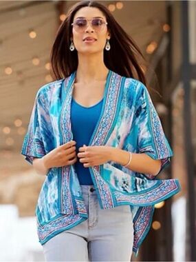 Tolani RAELYN Blue Teal Pink Abstract Swim Coverup Kimono XL